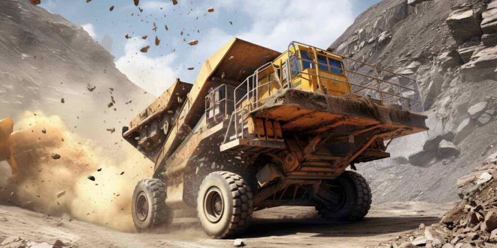 industrial vehicles operating stone crusher machine in quarry