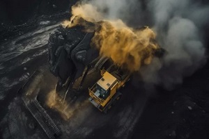 yellow excavator loading anthracite into a coal crusher in an open mine